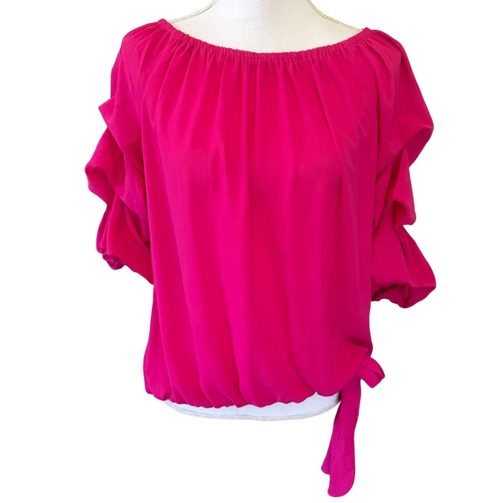 CeCe Hot Pink Bubble Ruffle Sleeve Off Shoulder Top Sz Large Barbiecore Summer - Picture 1 of 9